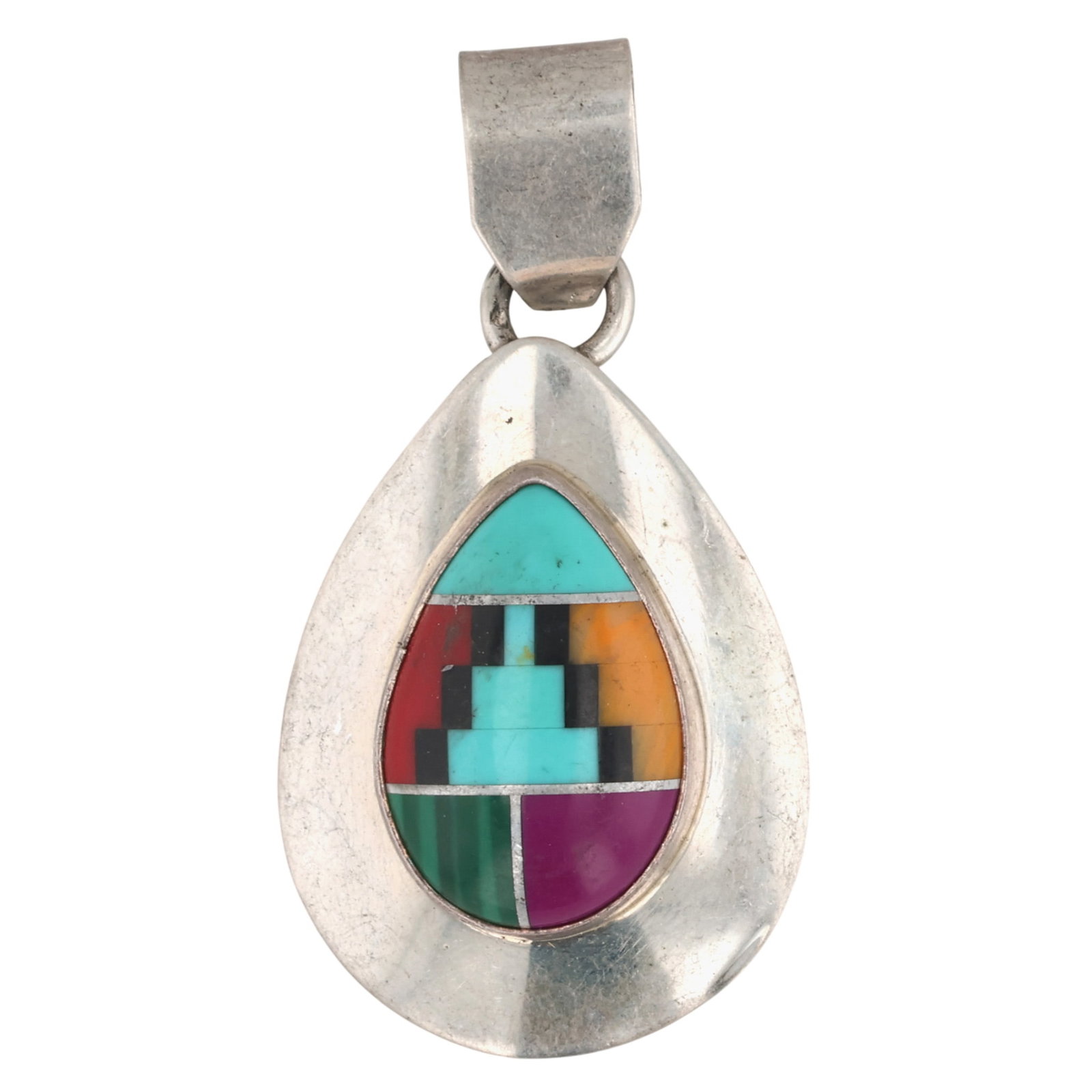 Signed Navajo Sterling Multi-Stone Inlay Pendant: Signed RWG Navajo Sterling Multi-Stone Inlay Pendant / 3g / Synthetic Turquoise, Sugilite, Malachite, Coral, Onyx