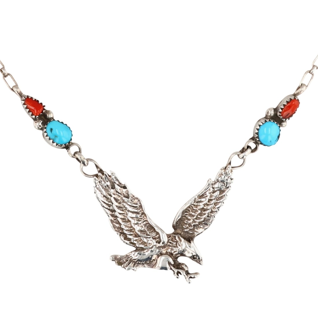 Signed Navajo Sterling Coral Turquoise Eagle Necklace: Signed JB Navajo Sterling Coral Turquoise Eagle Necklace / 12g
