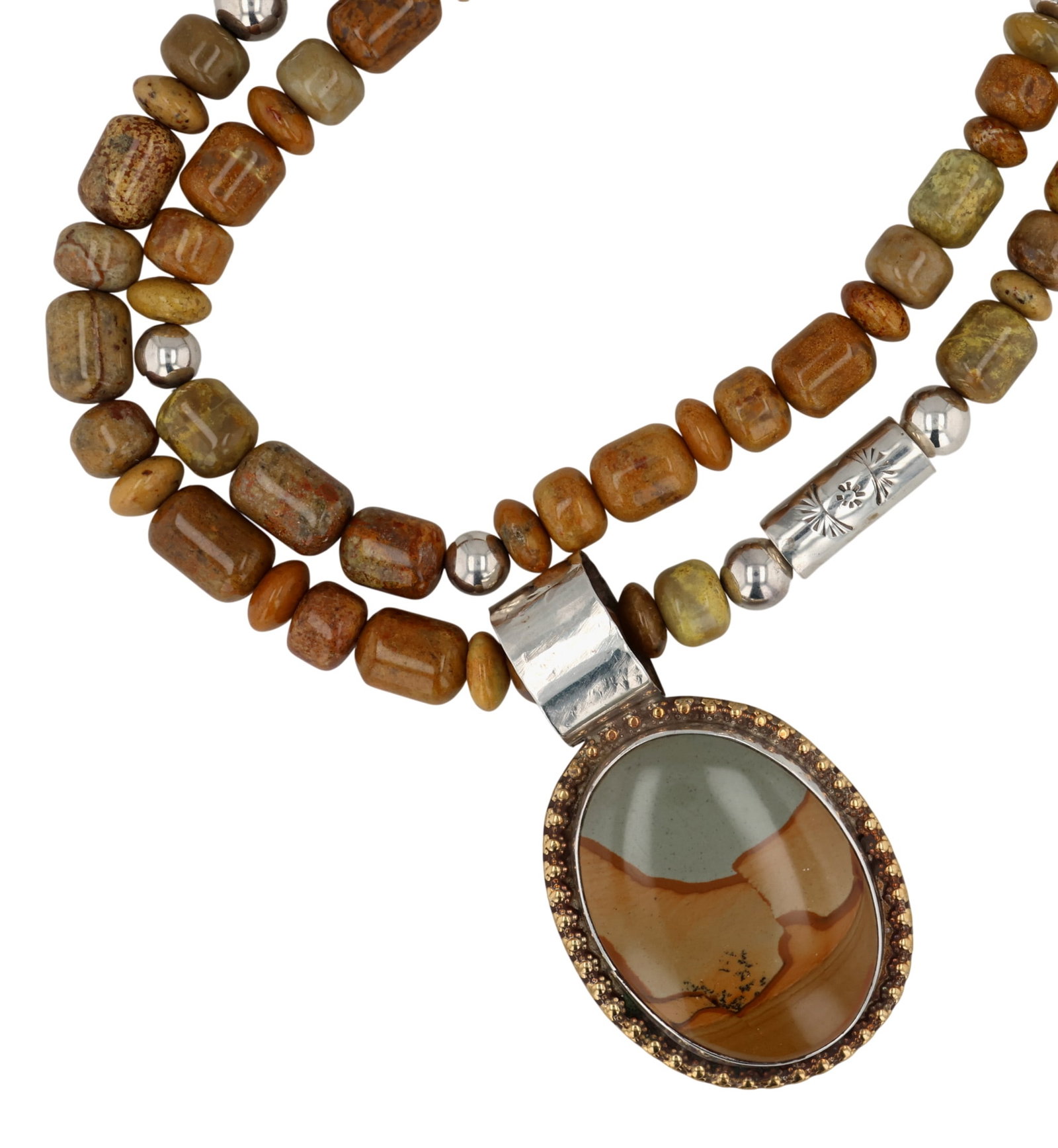 Wayne Aguilar Kewa Sterling Brass Jasper Bead Necklace: Wayne Aguilar Kewa Sterling and Brass Jasper Bead Necklace / 137.5g / Length: 30"