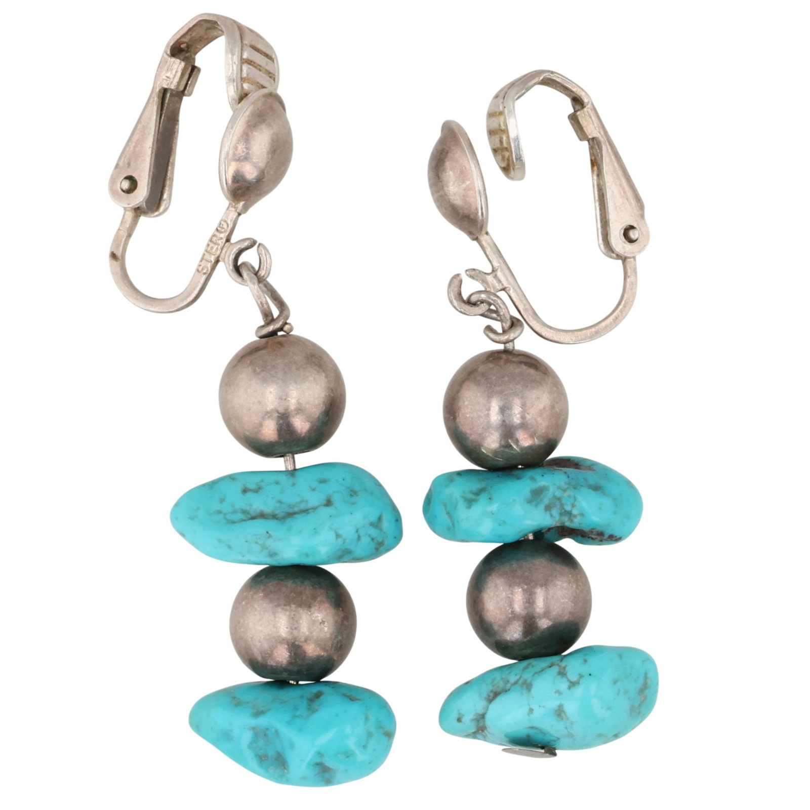 Southwest Sterling Turquoise Chunk Earrings: Southwest Sterling Turquoise Chunk Earrings / 6g
