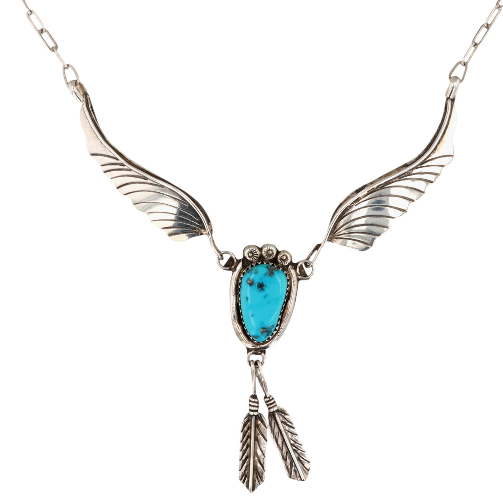 Navajo Sterling Turquoise Feather Necklace: Navajo Sterling Turquoise Leaf and Feather Necklace / 14g / Length: 20"