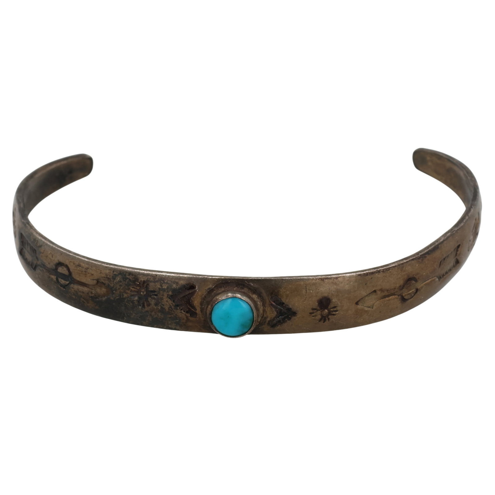 Vintage Navajo Sterling Turquoise Stamped Cuff Bracelet: Vintage Navajo Sterling Turquoise Stamped Cuff Bracelet / 5.5g