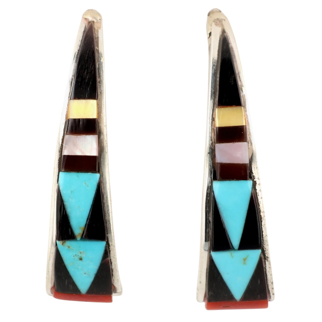 Tammie Qualo Zuni Sterling Multi-Stone Inlay Earrings: Tammie Qualo Zuni Sterling Multi-Stone Inlay Earrings / 3.5g / Turquoise, Onyx, Coral, Mother of Pearl