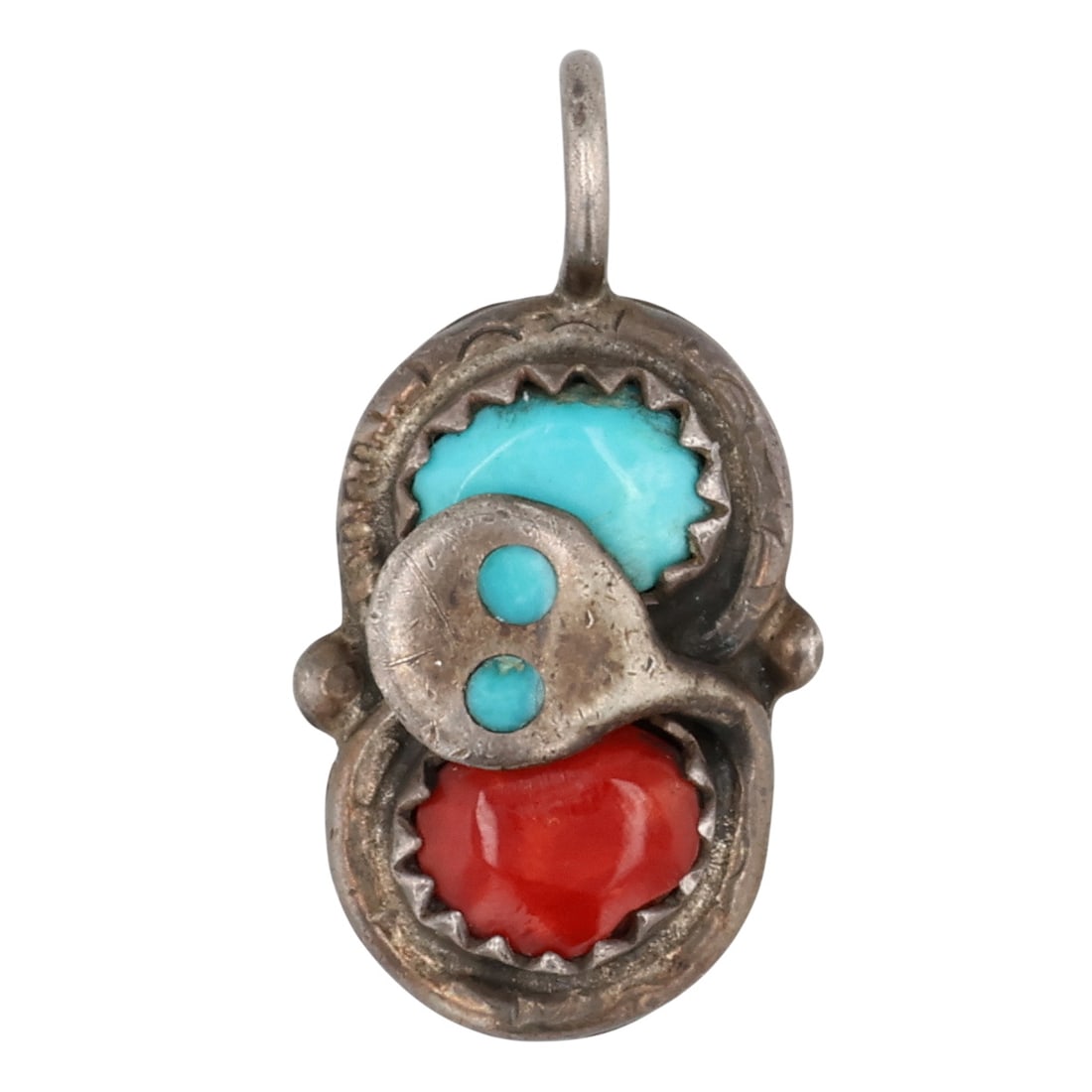 Effie Calavaza Zuni Sterling Coral Turquoise Snake Pendant: Effie Calavaza Zuni Sterling Coral Turquoise Snake Pendant / 2.5g