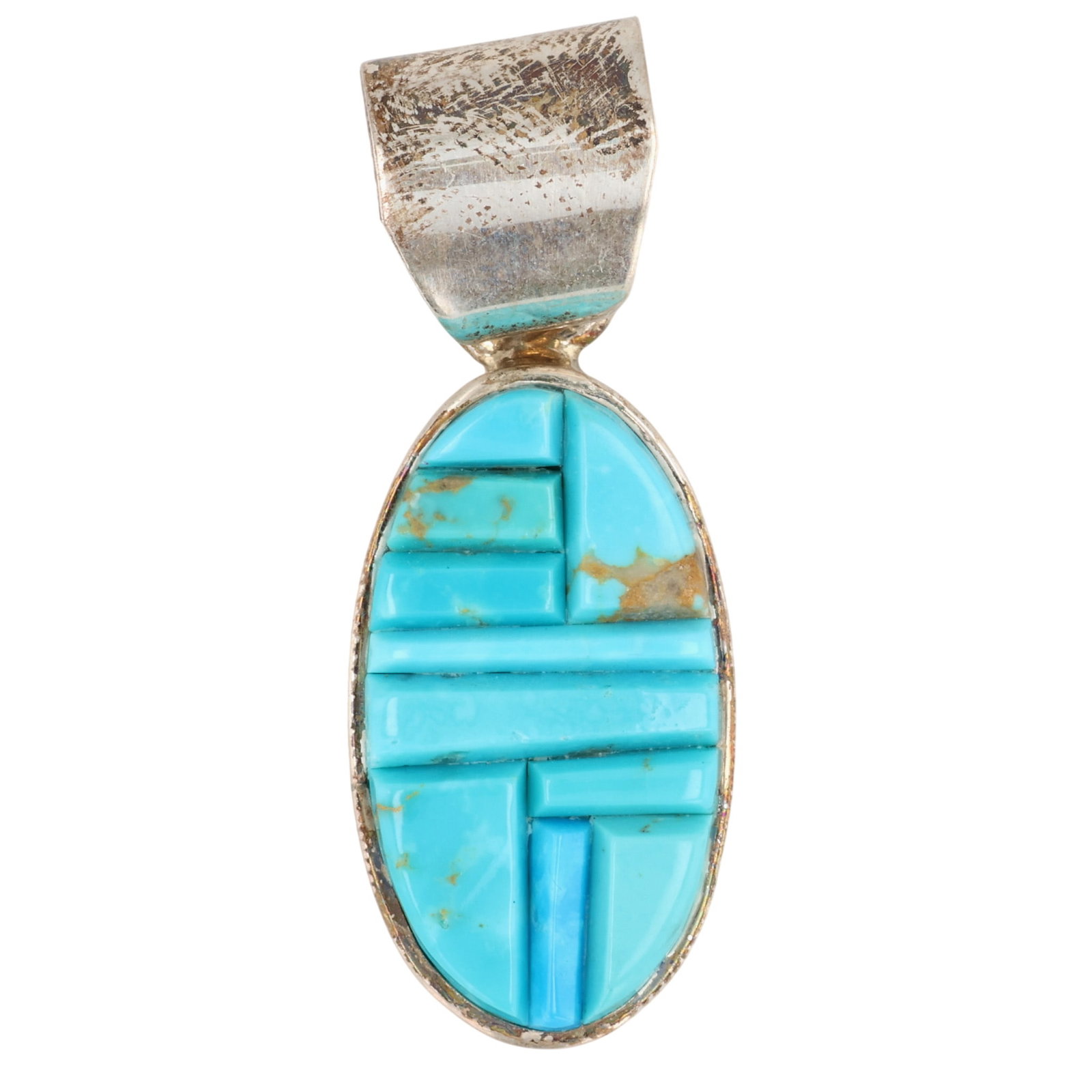 Wilson Dawes Navajo Sterling Kingman Turquoise Cobblestone Inlay Pendant: Wilson Dawes Navajo Sterling Kingman Turquoise Cobblestone Inlay Pendant / 8.5g