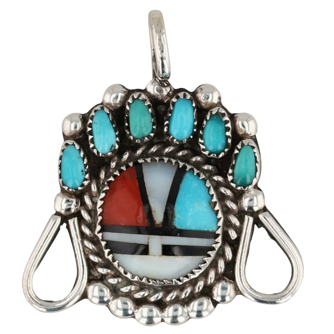 Zuni Sterling Multi-Stone Sunface Inlay Pendant: Zuni Sterling Multi-Stone Sunface Inlay Pendant / 3g / Turquoise, Coral, Onyx, Mother of Pearl
