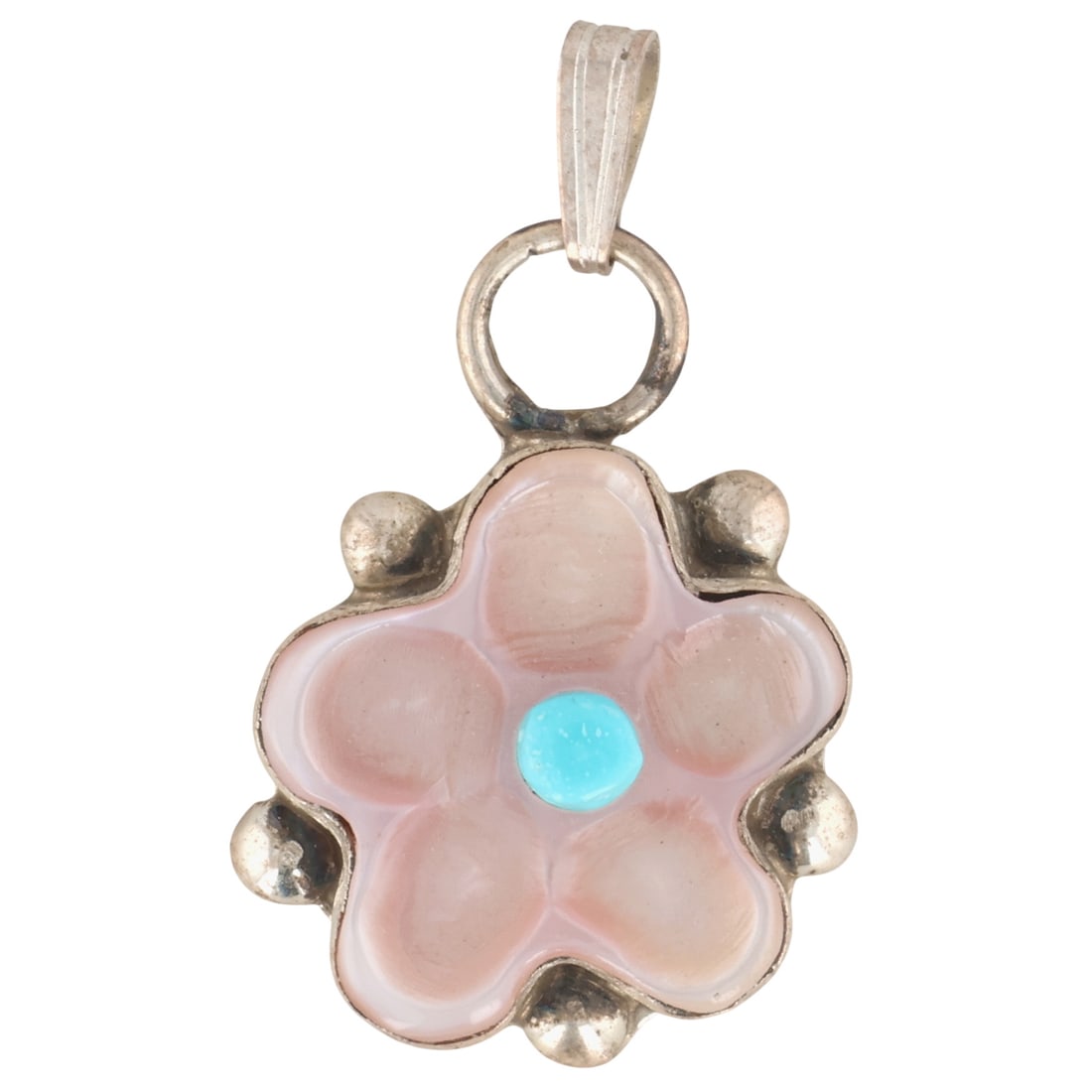 Tamara Pinto Zuni Sterling Mother of Pearl Turquoise Flower Pendant (1 of 4)