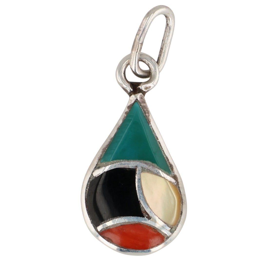 Zuni Sterling Multi-Stone Fishscale Inlay Pendant: Zuni Sterling Multi-Stone Fishscale Inlay Pendant / 1g / Coral, Mother of Pearl, Malachite, Onyx