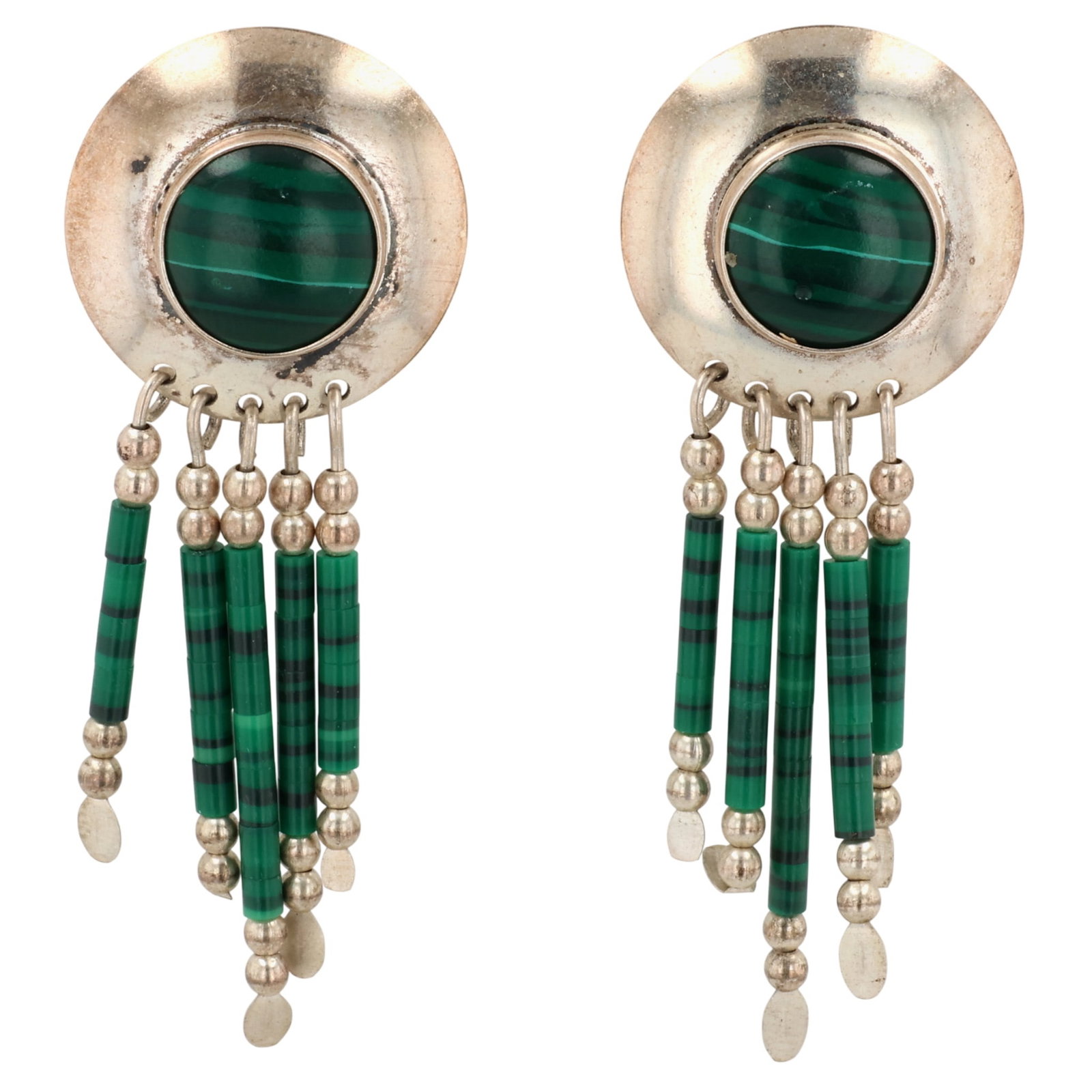 Southwest Sterling Malachite Fringe Earrings: Southwest Sterling Malachite Fringe Earrings / 6g / As is, metal tips of dangles damaged, as shown in photos