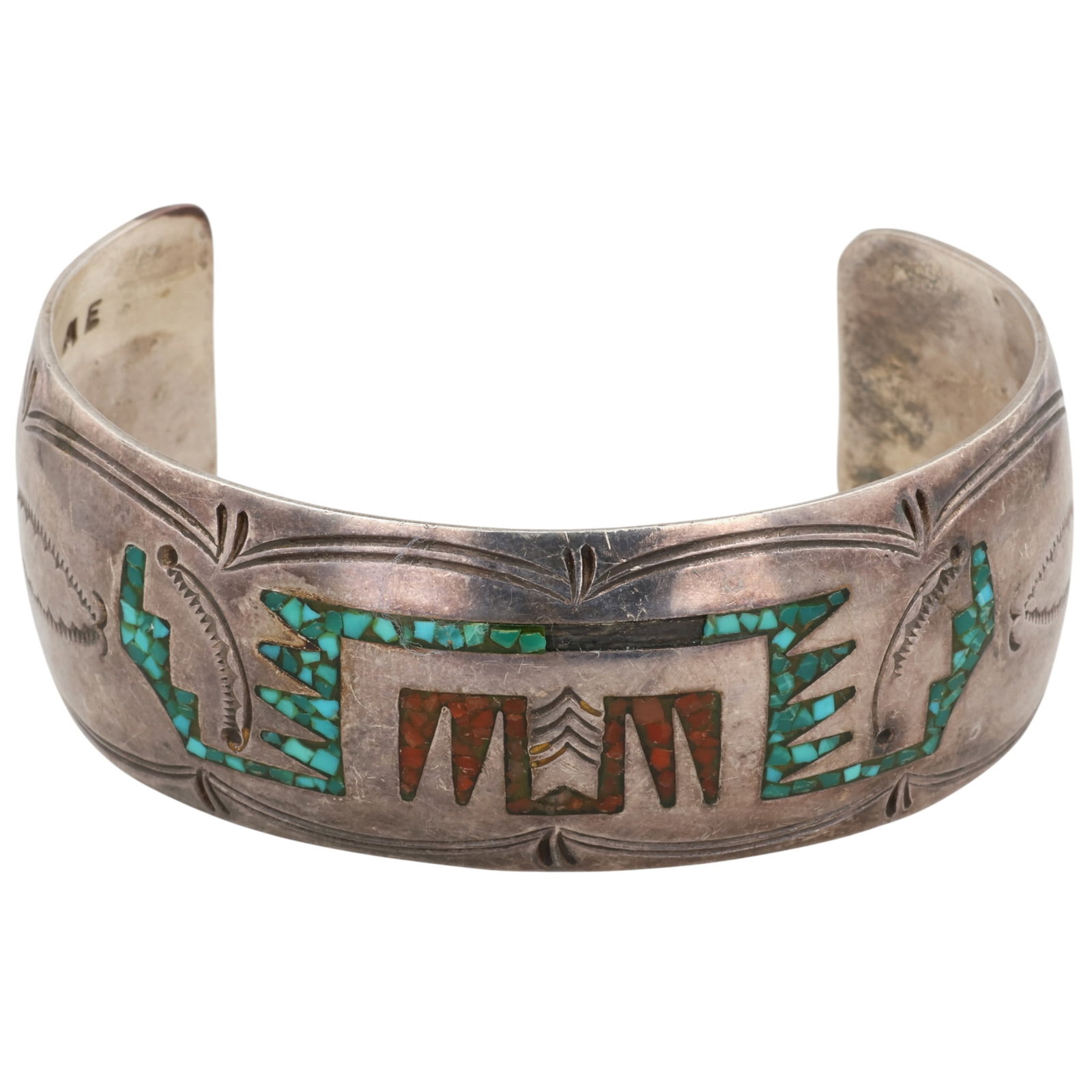 Signed Navajo Sterling Turquoise Coral Chip Inlay Cuff Bracelet (1 of 7)