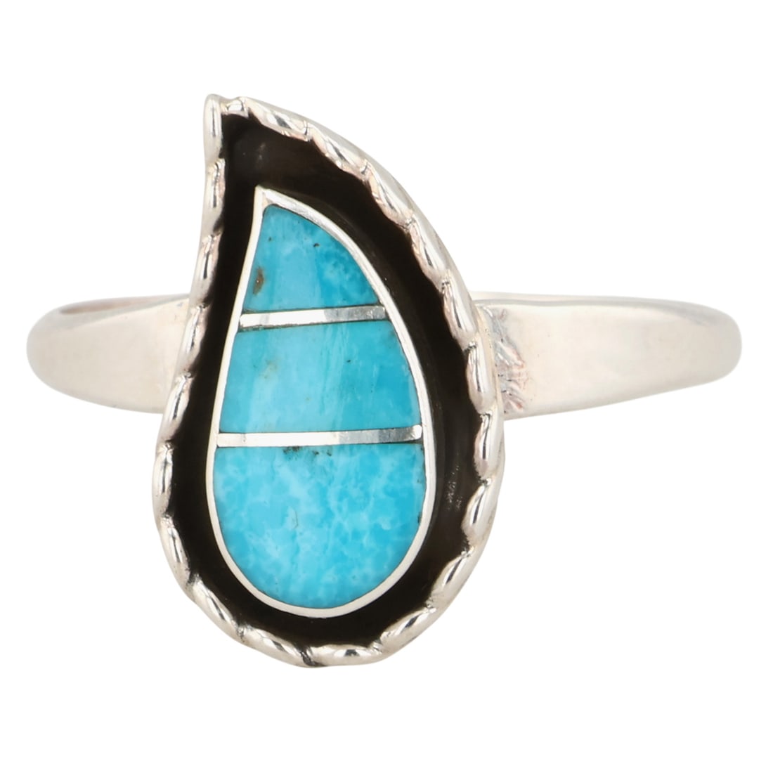 Faye Lowsayatee Zuni Sterling Turquoise Inlay Teardrop Ring Sz 7: Faye Lowsayatee Zuni Sterling Turquoise Inlay Teardrop Ring Sz 7 / 2g