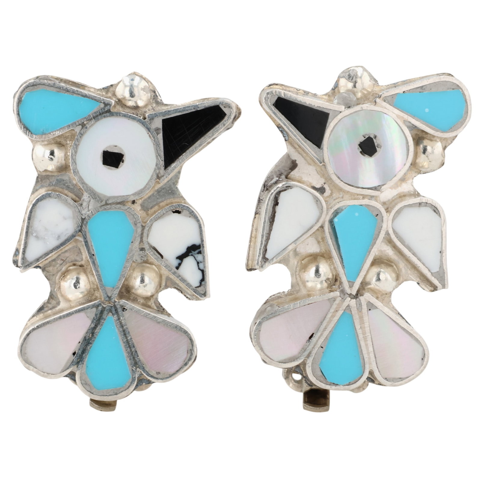 Pino Yunie Zuni Sterling Multi-Stone Inlay Thunderbird Earrings: Pino Yunie Zuni Sterling Multi-Stone Inlay Thunderbird Earrings / 7g / Block Turquoise, Howlite, Onyx, Mother of Pearl / Unsigned. Artist attribution based on accompanying tag.