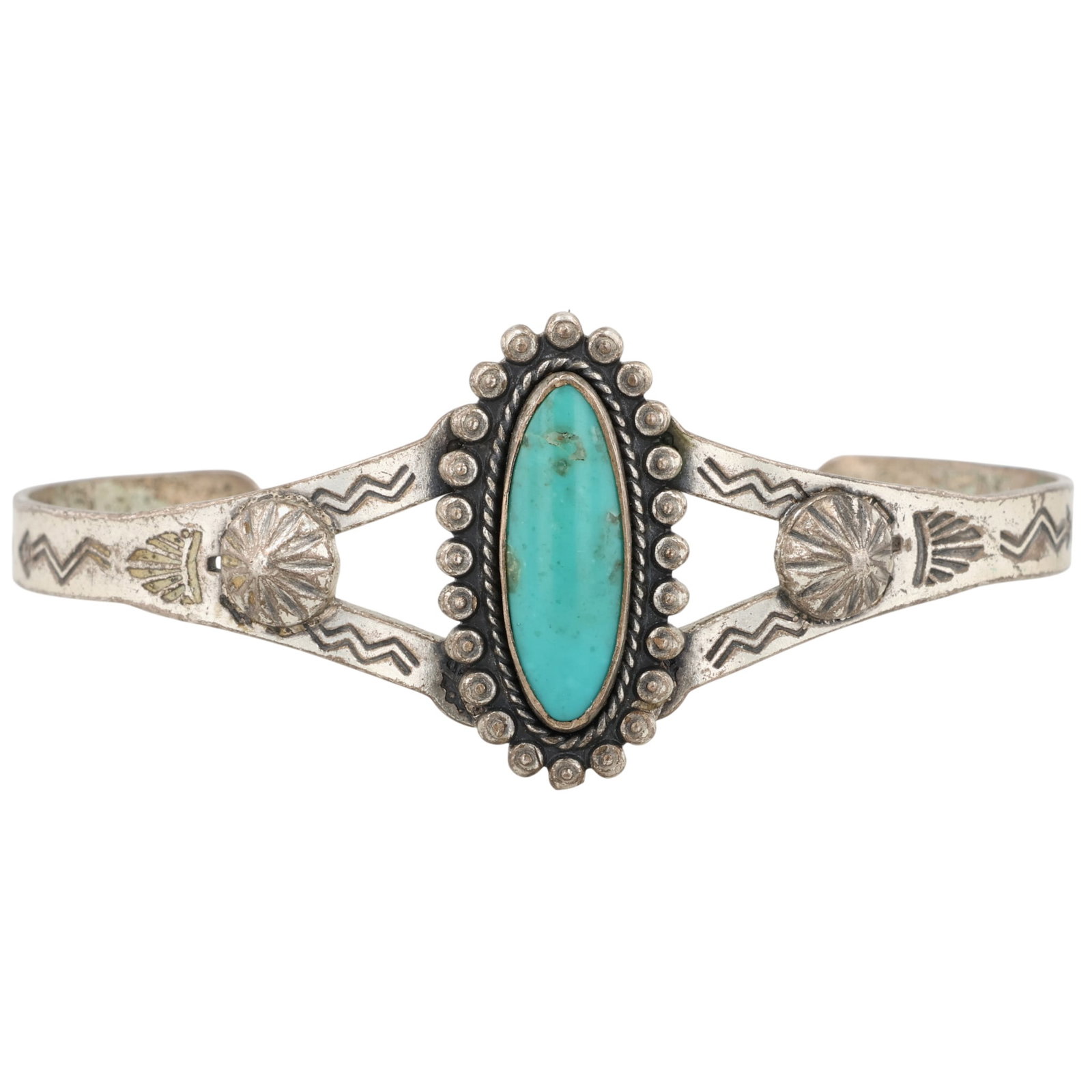 Navajo Sterling Turquoise Stamped Cuff Bracelet: Navajo Sterling Turquoise Stamped Cuff Bracelet / 10g