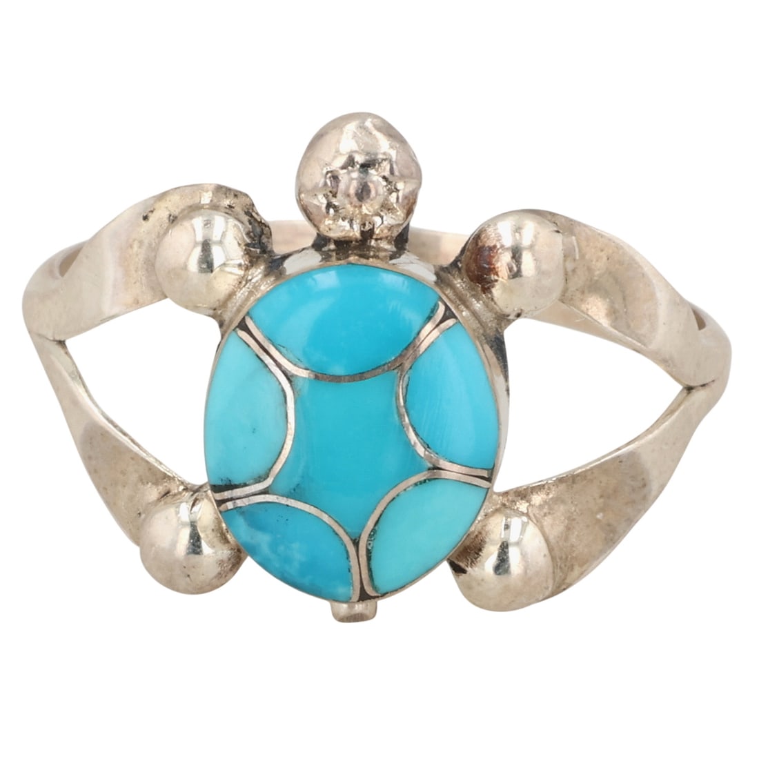 Zuni Sterling Turquoise Inlay Turtle Ring Sz 8.5: Zuni Sterling Turquoise Inlay Turtle Ring Sz 8.5 / 3g