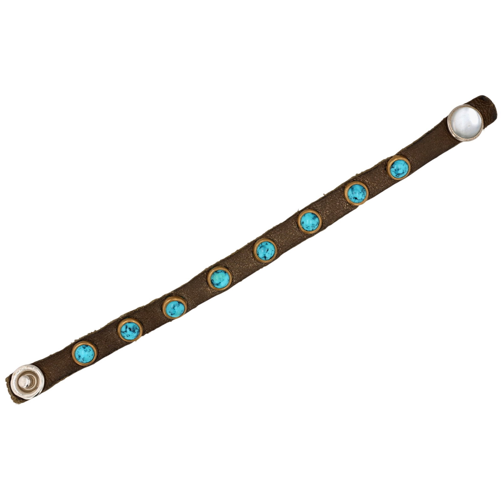 Southwest Sterling Brass Turquoise Mother of Pearl Leather Bracelet: Southwest Sterling & Brass Turquoise Mother of Pearl Leather Bracelet