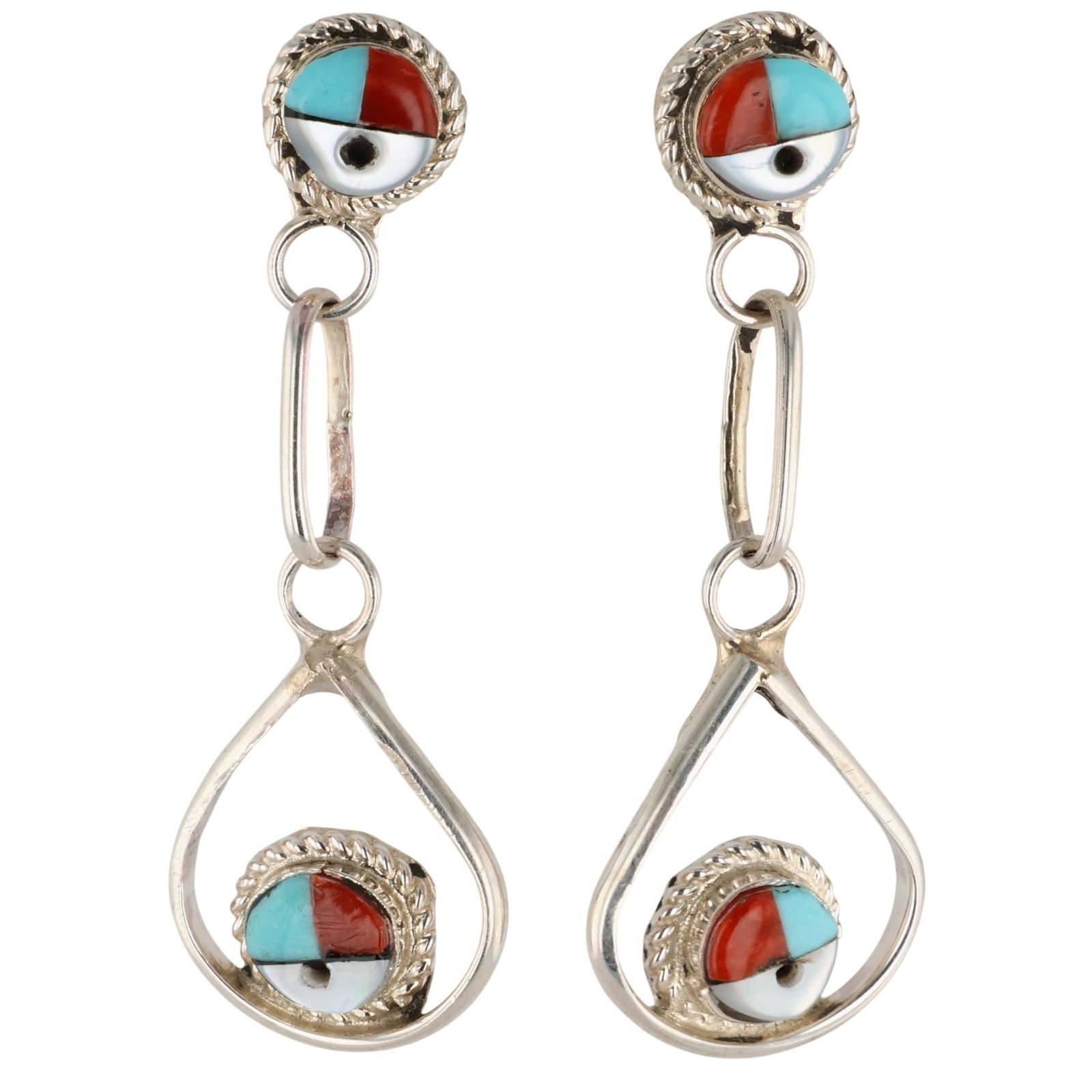 Chris Neha Zuni Sterling Multi-Stone Inlay Sunface Earrings: Chris Neha Zuni Sterling Multi-Stone Inlay Sunface Earrings / 3g / Turquoise, Onyx, Coral, Mother of Pearl / Unsigned. Artist attribution based on accompanying tag.