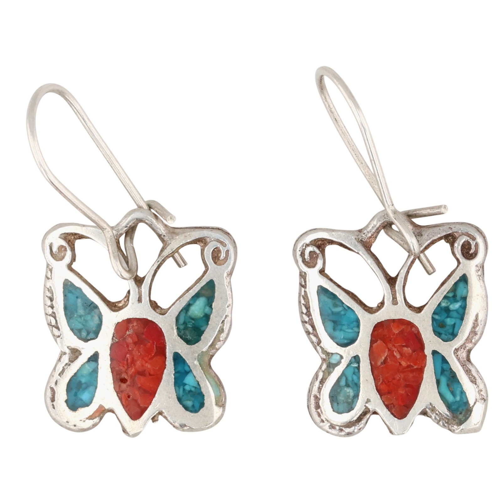 Southwest Sterling Crushed Turquoise Coral Inlay Butterfly Earrings: Southwest Sterling Crushed Turquoise Coral Inlay Butterfly Earrings / 4g