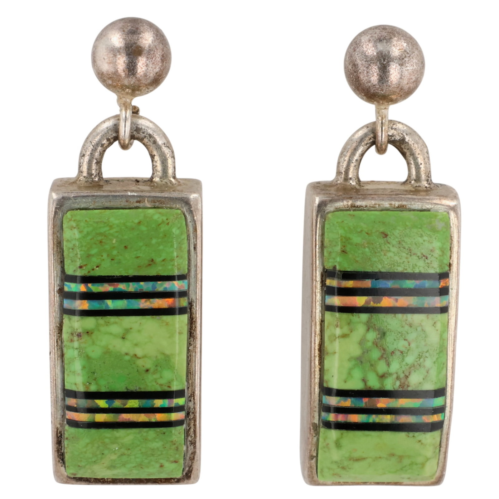 Southwest Sterling Gaspeite Opal Inlay Earrings: Southwest Sterling Gaspeite Opal Inlay Earrings / 6g