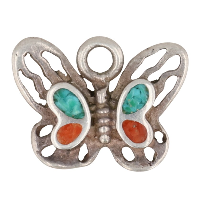 Southwest Sterling Crushed Turquoise Coral Inlay Butterfly Pendant: Southwest Sterling Crushed Turquoise Coral Inlay Butterfly Pendant / 0.5g