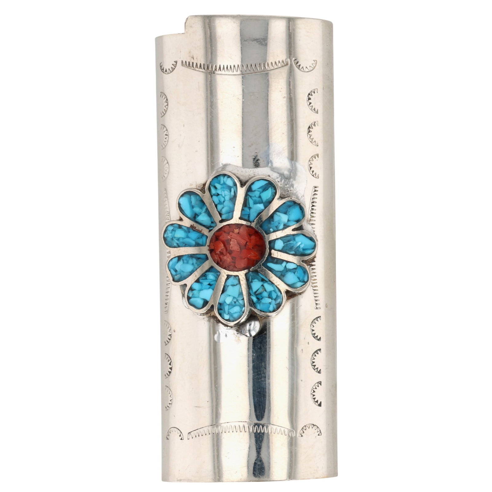 Southwest Sterling Crushed Turquoise Coral Inlay Flower Lighter Case: Southwest Sterling Crushed Turquoise Coral Inlay Flower Lighter Case 19g