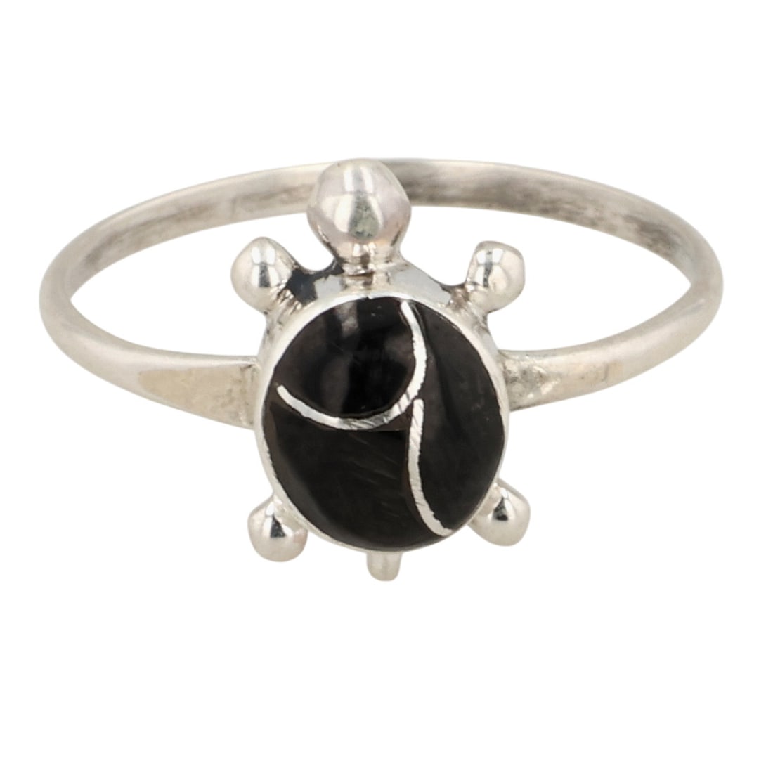 Zuni Sterling Onyx Inlay Turtle Ring Sz 7.75: Zuni Sterling Onyx Inlay Turtle Ring Sz 7.75 / 1g