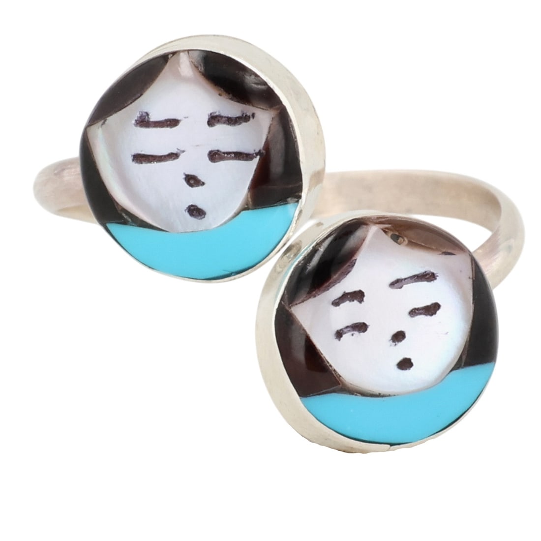 Joyce Waseta Zuni Sterling Multi-Stone Inlay Olla Maiden Adjustable Ring: Joyce Waseta Zuni Sterling Multi-Stone Inlay Olla Maiden Adjustable Ring Sz 6 / 2.5g / Onyx, Turquoise, Mother of Pearl