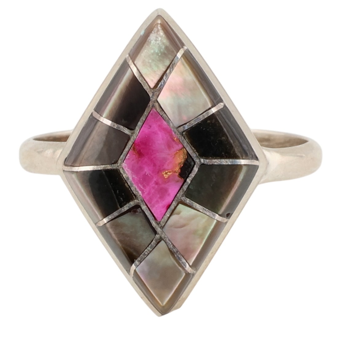 Connie Epaloose Zuni Sterling Abalone Inlay Ring Sz 6.75: Connie Epaloose Zuni Sterling Abalone and Dahlia Inlay Ring Sz 6.75 / 2g