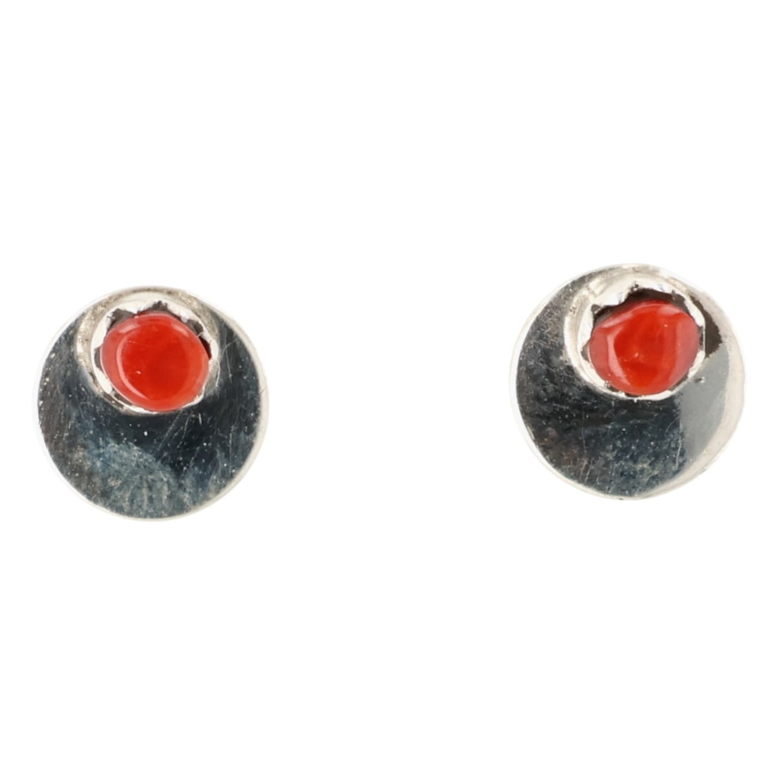 Gilbert Weebothee Zuni Sterling Coral Earrings: Gilbert Weebothee Zuni Sterling Coral Earrings / 0.8g / Unsigned. Artist attribution based on accompanying tag. Unable to verify.