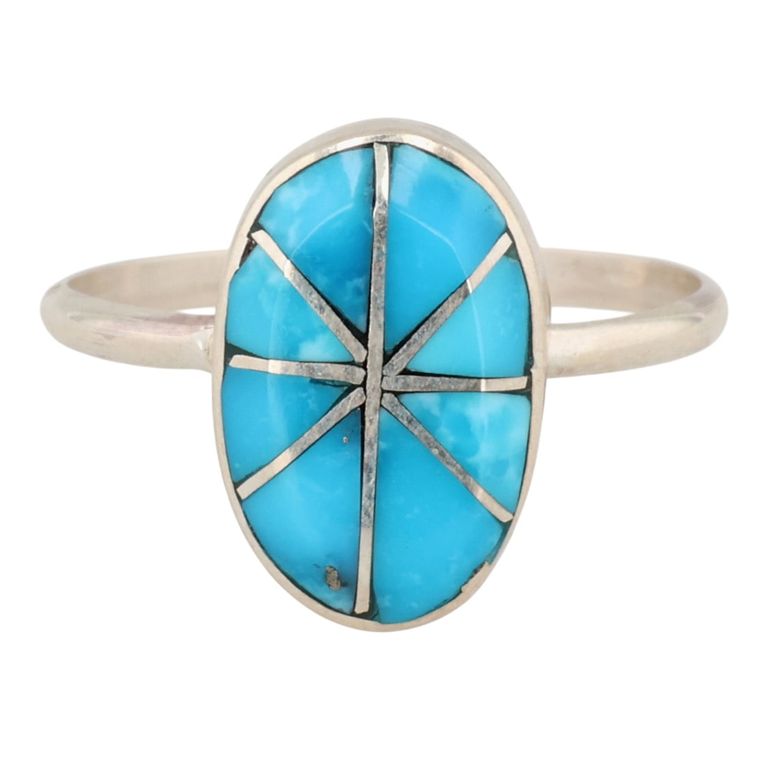 Eldred & Charlotte Seoutewa Zuni Sterling Turquoise Inlay Ring Sz 7: Eldred & Charlotte Seoutewa Zuni Sterling Turquoise Inlay Ring Sz 7 / 2g