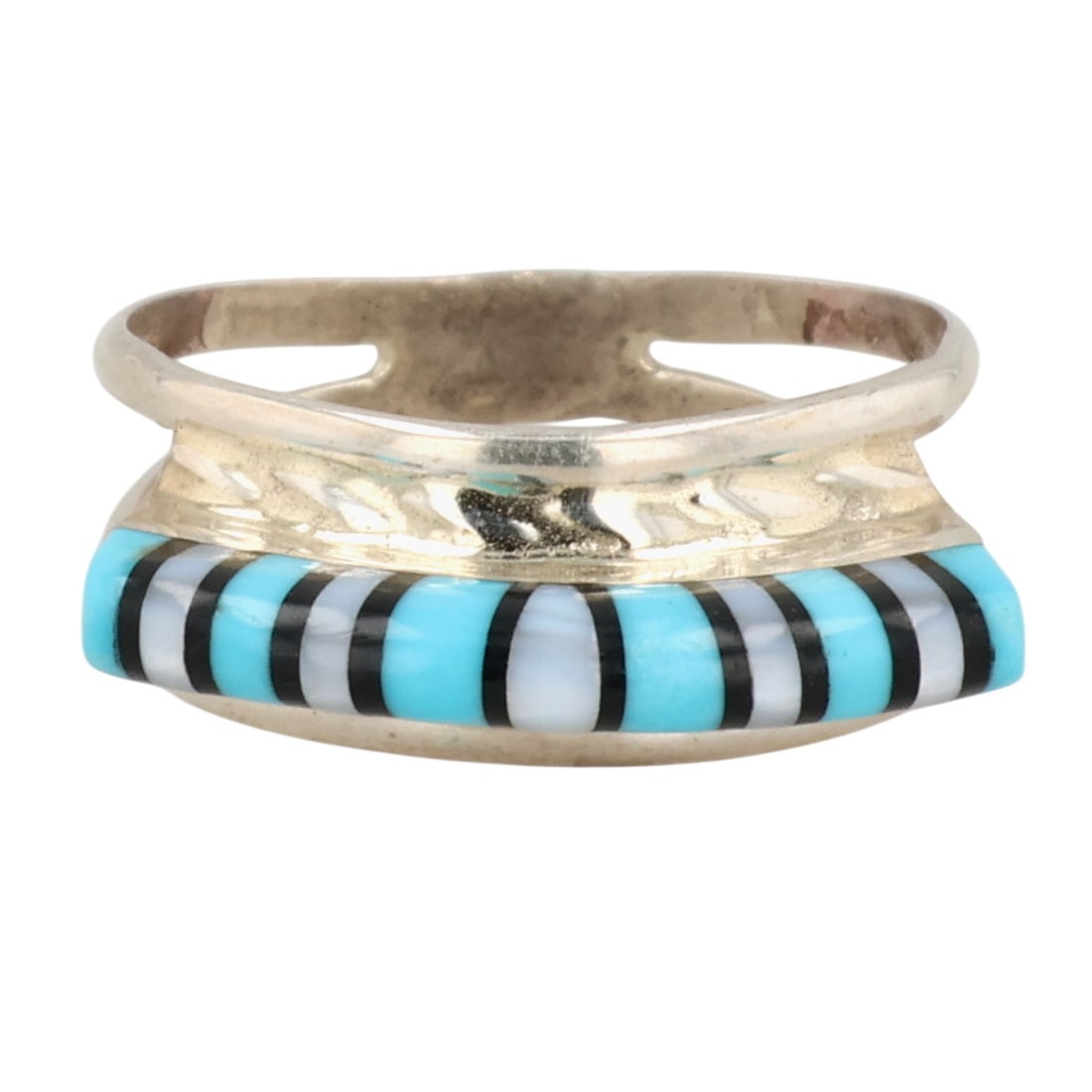 Victor Martza Zuni Sterling Multi-Stone Inlay Ring Sz 7: Victor Martza Zuni Sterling Multi-Stone Inlay Ring Sz 7 / 2.5g / Block Turquoise, Onyx, Mother of Pearl