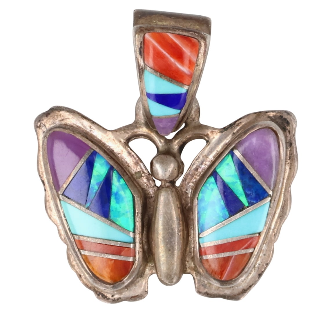 Signed Navajo Sterling Multi-Stone Inlay Butterfly Pendant: Signed Navajo Sterling Multi-Stone Inlay Butterfly Pendant / 6g / Opal, Amethyst, Lapis Lazuli, Turquoise, Spiny Oyster / Hand signed L. Watson, stamped Dine, and a copyright symbol - likely made for 