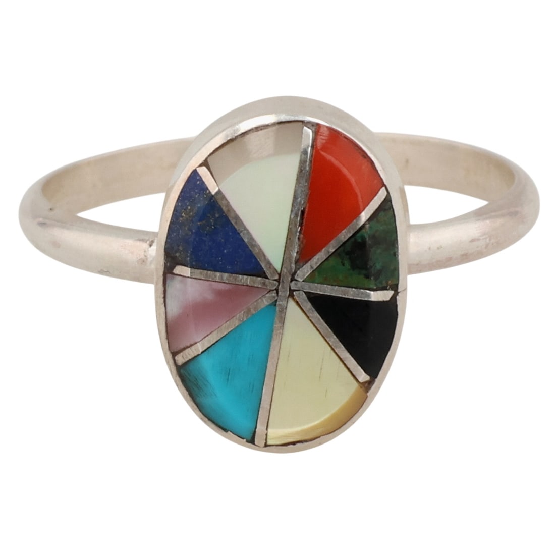 Eldred & Charlotte Seoutewa Zuni Sterling Multi-Stone Inlay Ring Sz 7.5: Eldred & Charlotte Seoutewa Zuni Sterling Multi-Stone Inlay Ring Sz 7.5 / 2g / Turquoise, Coral, Onyx, Lapis Lazuli, Mother of Pearl
