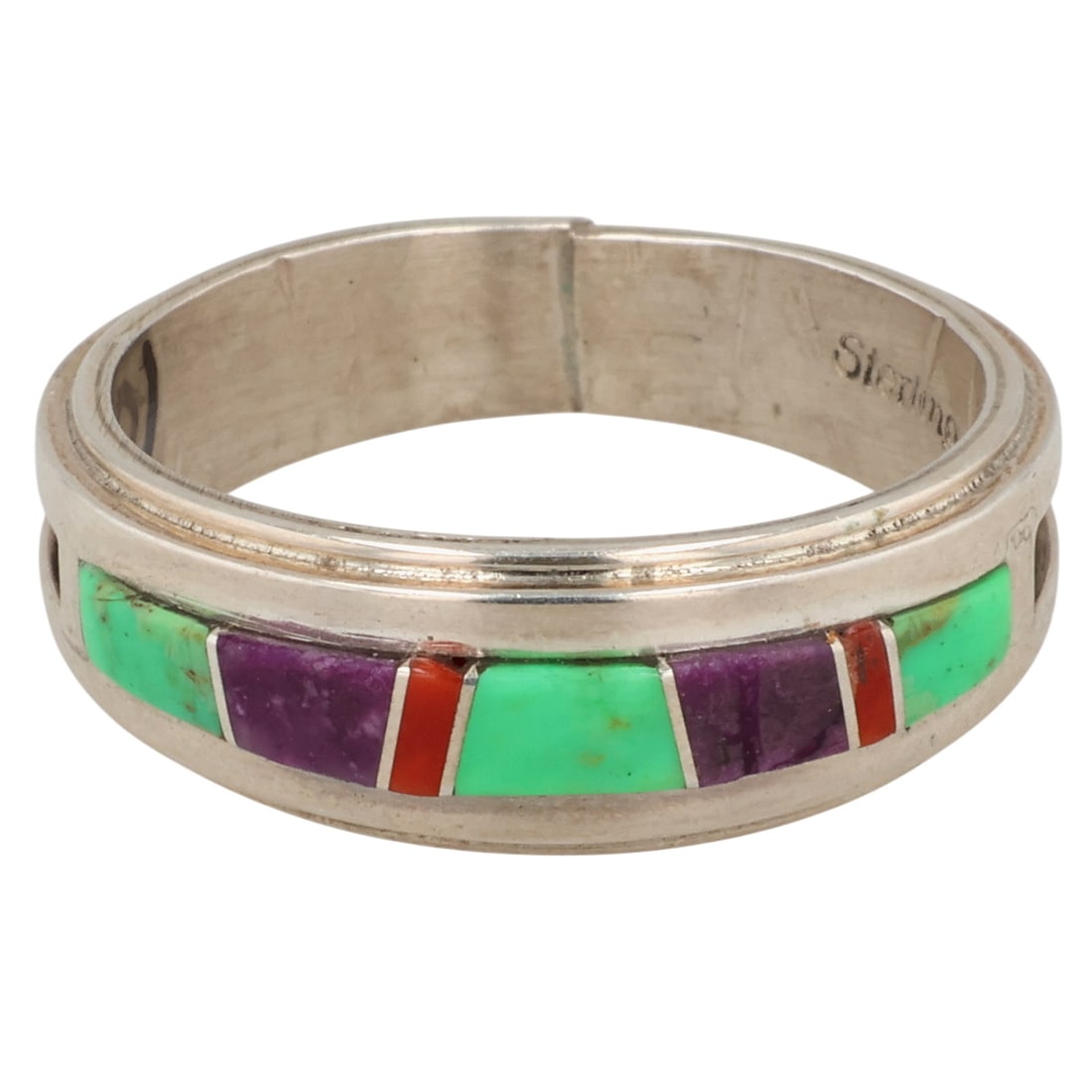 Melissa Yazzie Navajo Sterling Multi-Stone Inlay Ring Sz 8.5: Melissa Yazzie Navajo Sterling Multi-Stone Inlay Ring Sz 8.5 / 5.5g / Block Gaspeite, Coral, Charoite