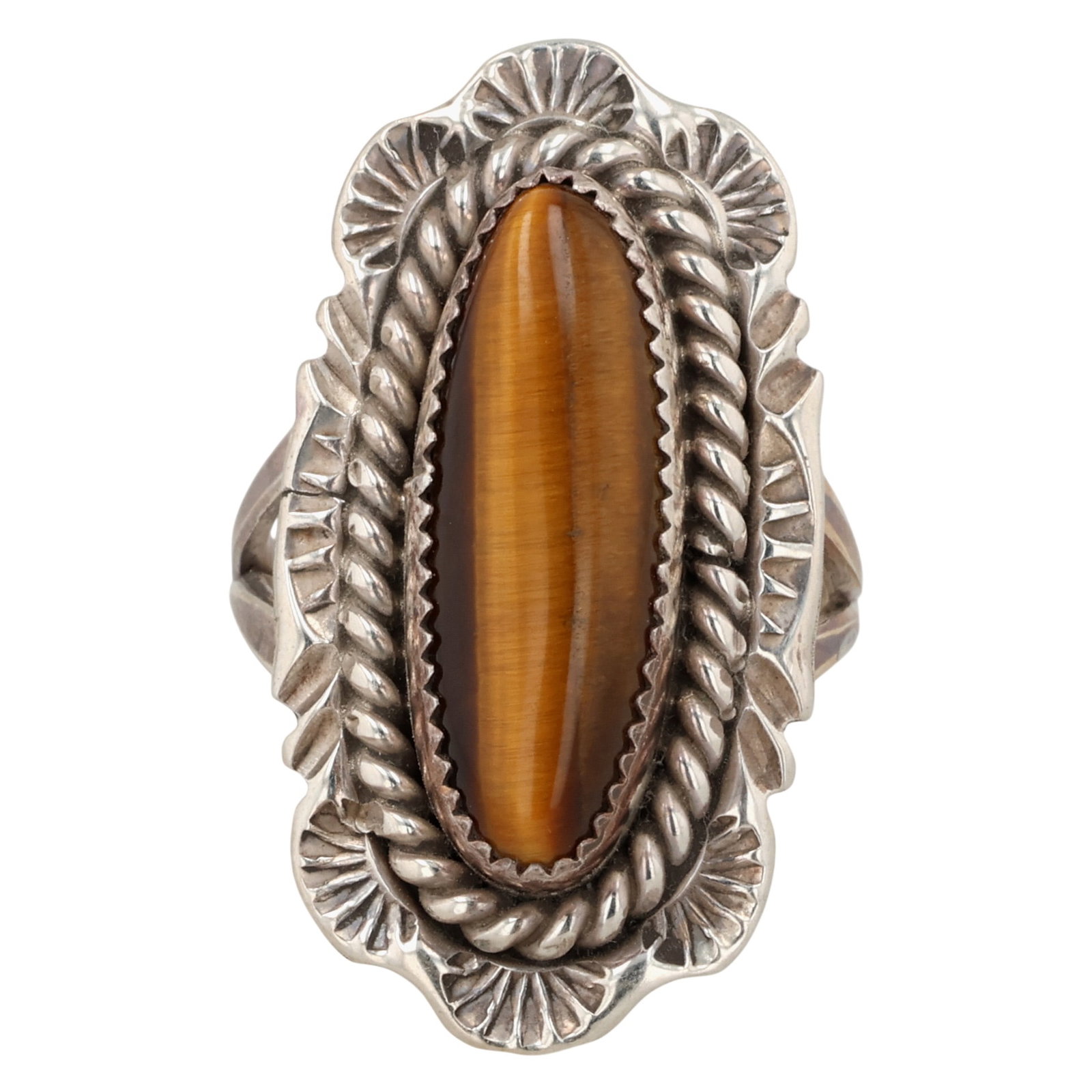 Signed Navajo Sterling Tiger's Eye Ring Sz 7: Signed B Navajo Sterling Tiger's Eye Ring Sz 7 / 7g