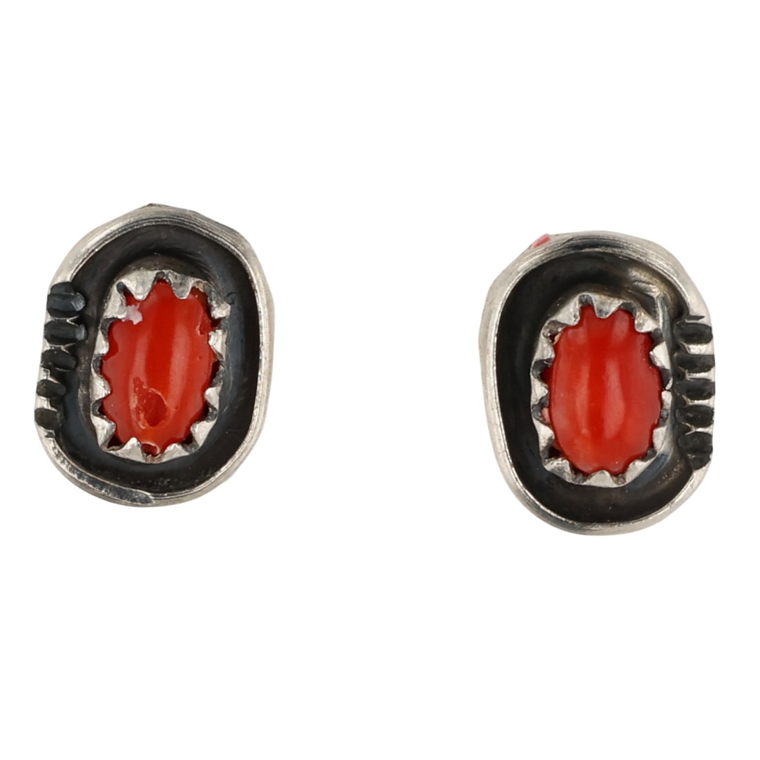 Roselene Joe Navajo Sterling Coral Earrings: Roselene Joe Navajo Sterling Coral Earrings / 1g / Unsigned. Artist attribution based on accompanying tag. / Left earring with imperfections in coral, see photos
