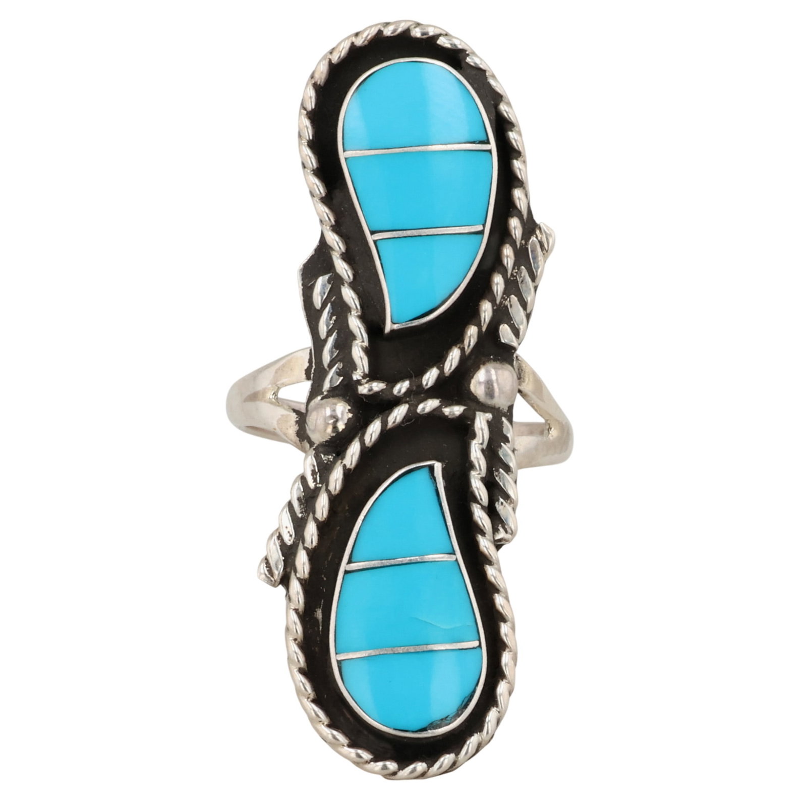 Signed Zuni Sterling Turquoise Inlay Teardrop Ring Sz 6.25: Signed Zuni Sterling Block Turquoise Inlay Teardrop Ring Sz 6.25 / 5g / Appears to be signed JL or FL, possibly Faye Lowsayatee / Fine surface crack on bottom middle inlay, see photos.