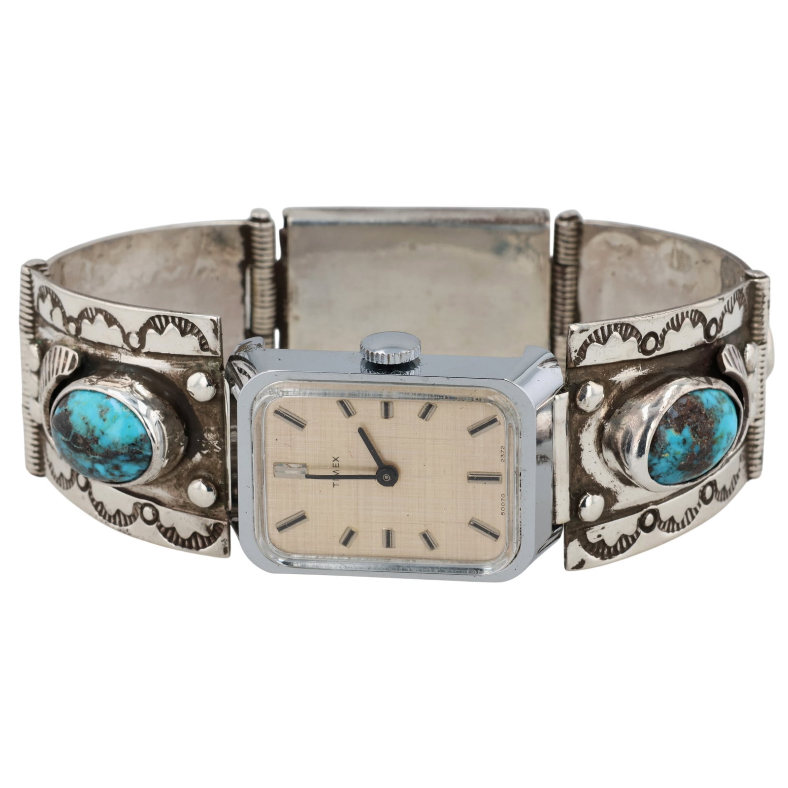 Navajo Sterling Turquoise Stamped Panel Watch Bracelet (1 of 5)