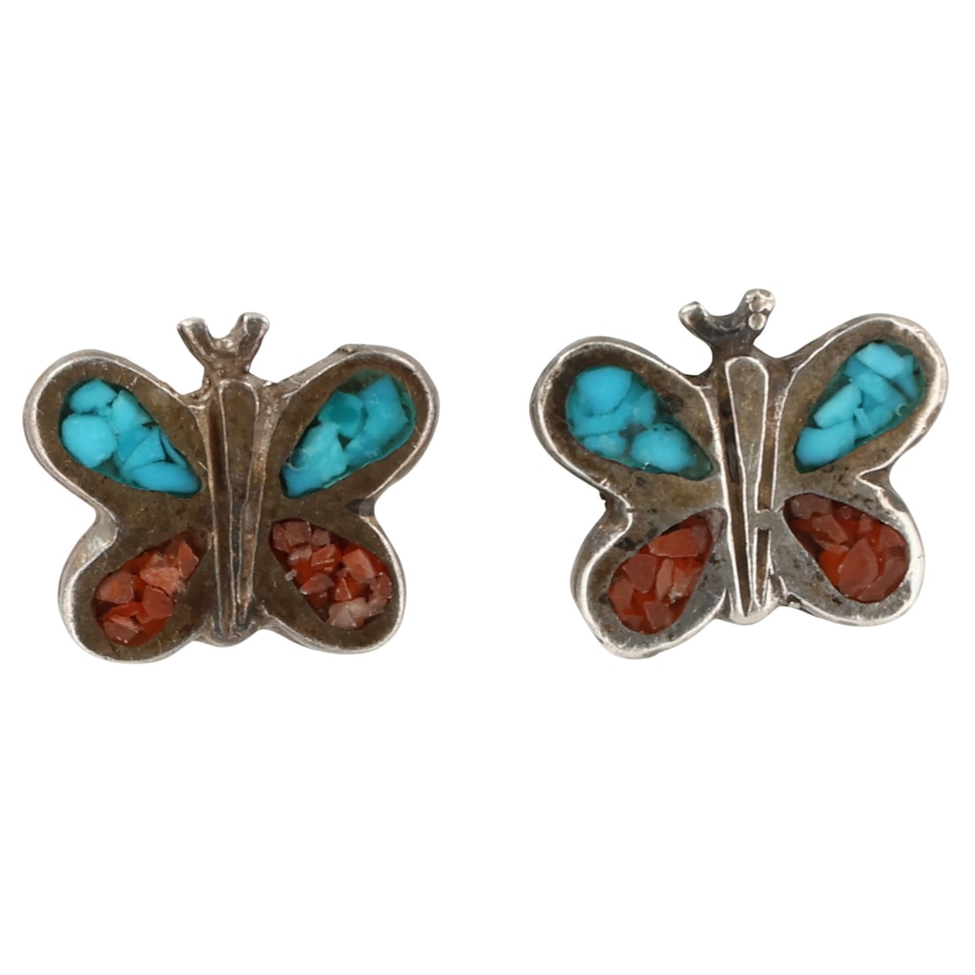 Southwest Sterling Crushed Turquoise Coral Inlay Butterfly Earrings: Southwest Sterling Crushed Turquoise Coral Inlay Butterfly Earrings / 1.5g