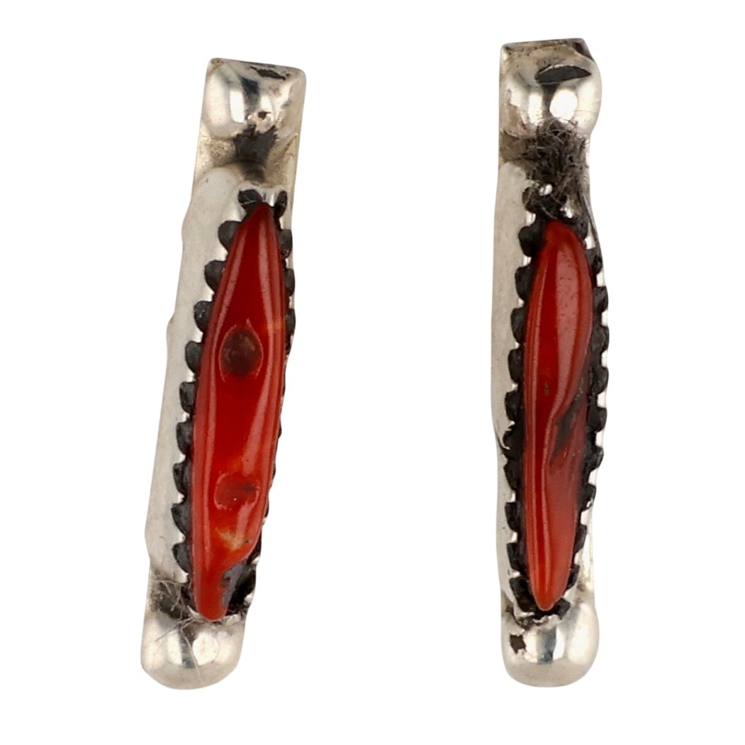 Fernando Othole Zuni Sterling Coral Earrings: Fernando Othole Zuni Sterling Coral Earrings / 0.8g / Unsigned. Artist attribution based on accompanying tag. / Imperfections in coral, see photo