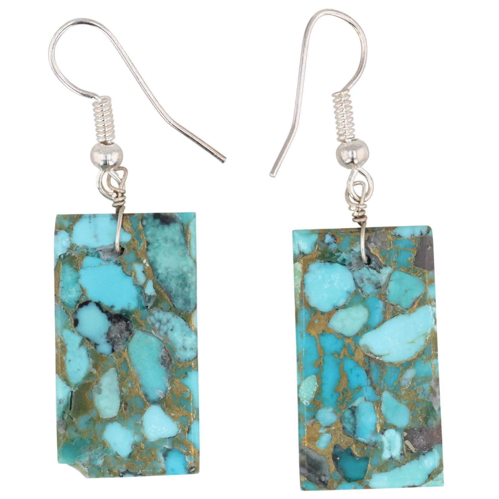Jameson Pete Navajo Sterling Turquoise Slab Earrings: Jameson Pete Navajo Sterling Turquoise Slab Earrings / 4g / As is, chipped bottom corner / Unsigned. Artist attribution based on accompanying tag.