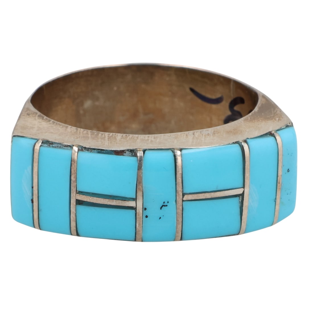 Verna Kanesta Zuni Sterling Turquoise Inlay Ring Sz 6.5: Verna Kanesta Zuni Sterling Block Turquoise Inlay Ring Sz 6.5 / 3g