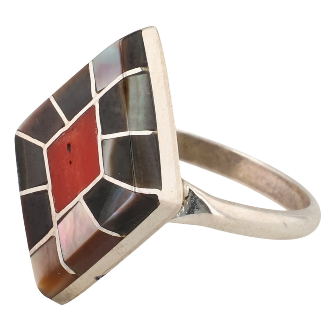 Connie Epaloose Zuni Sterling Abalone Coral Inlay Ring Sz 6: Connie Epaloose Zuni Sterling Abalone Coral Inlay Ring Sz 6 / 2g
