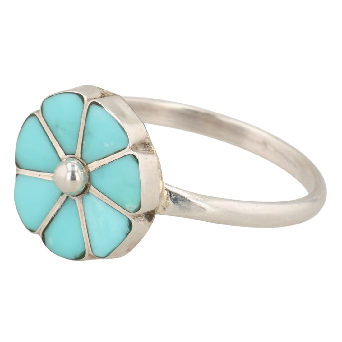 Southwest Sterling Turquoise Inlay Flower Ring Sz 7: Southwest Sterling Turquoise Inlay Flower Ring Sz 7 / 1.5g