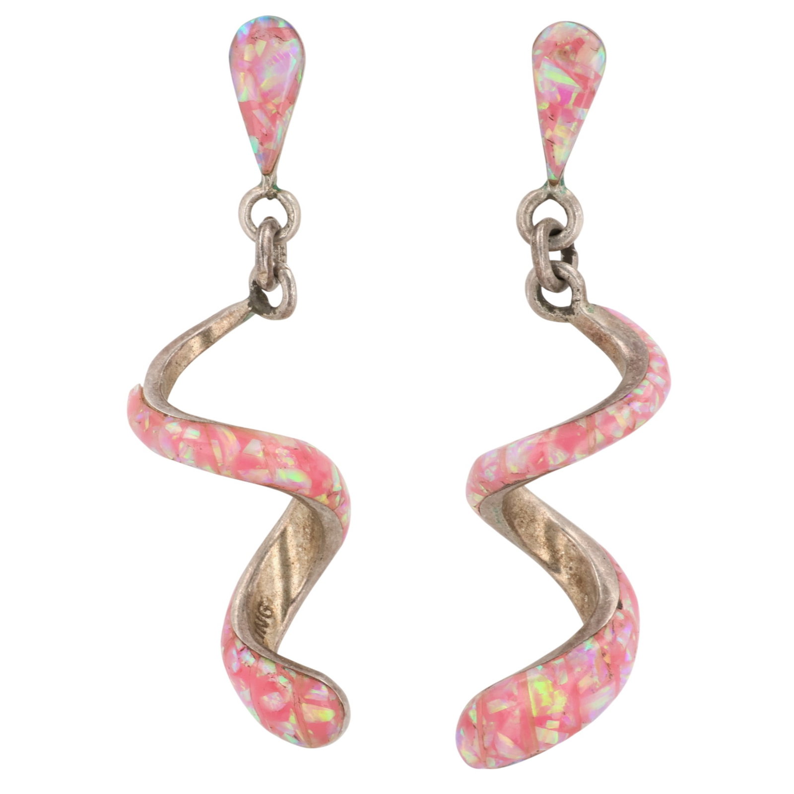 Southwest Sterling Opal Spiral Earrings: Southwest Sterling Opal Spiral Earrings / 3.5g / As is, chipped stone