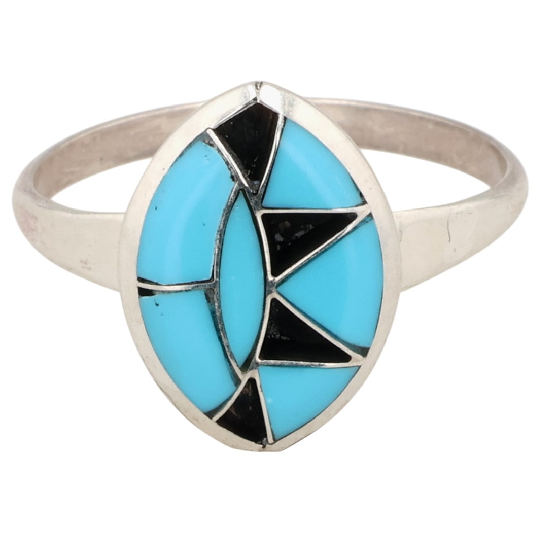Zuni Sterling Turquoise Onyx Inlay Ring Sz 7: Zuni Sterling Turquoise Onyx Inlay Ring Sz 7 / 1.5g / Inlay does not sit flush against settings in all spots. See photos.