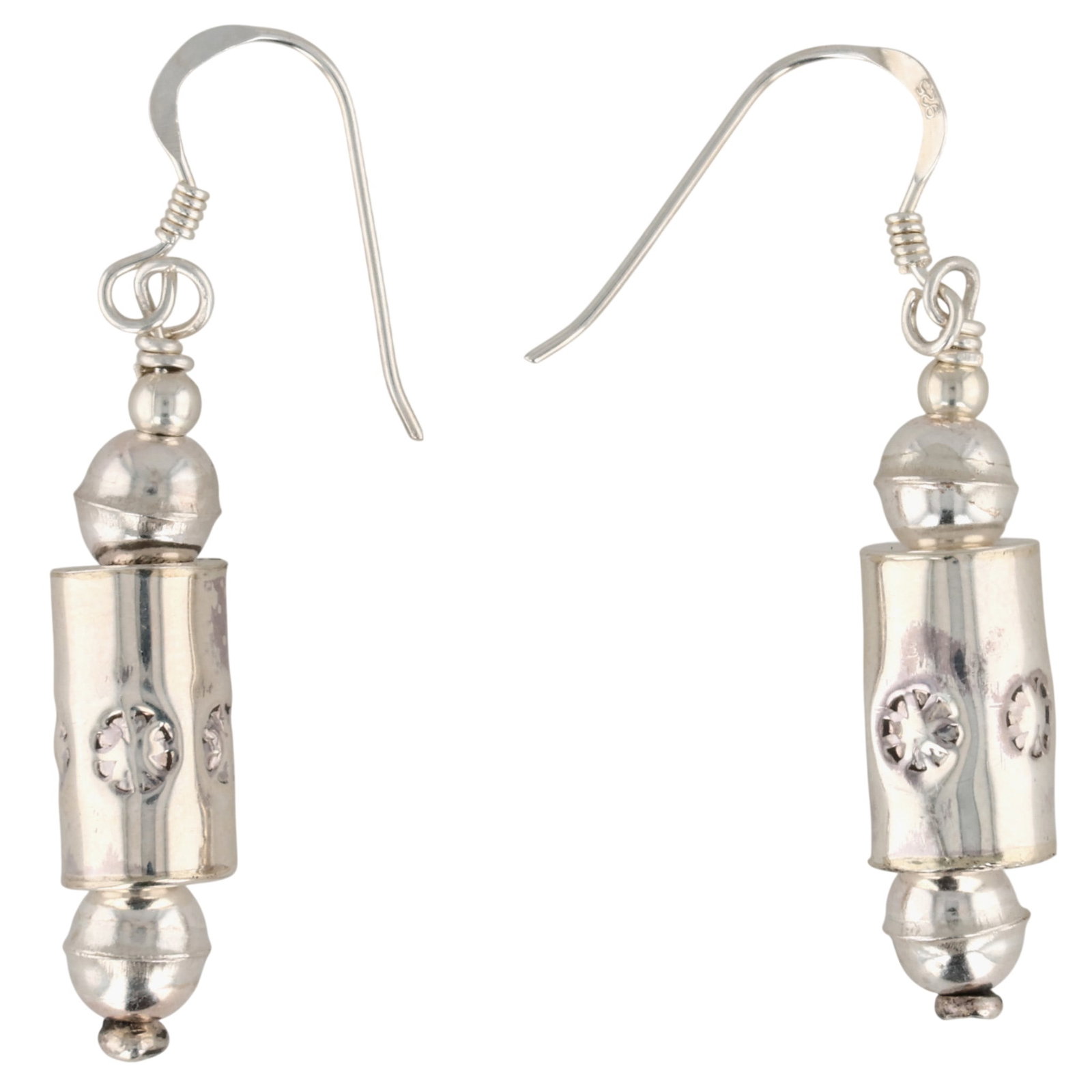 Larry Curley Navajo Sterling Stamped Barrel Bead Earrings: Larry Curley Navajo Sterling Stamped Barrel Bead Earrings / 3.5g