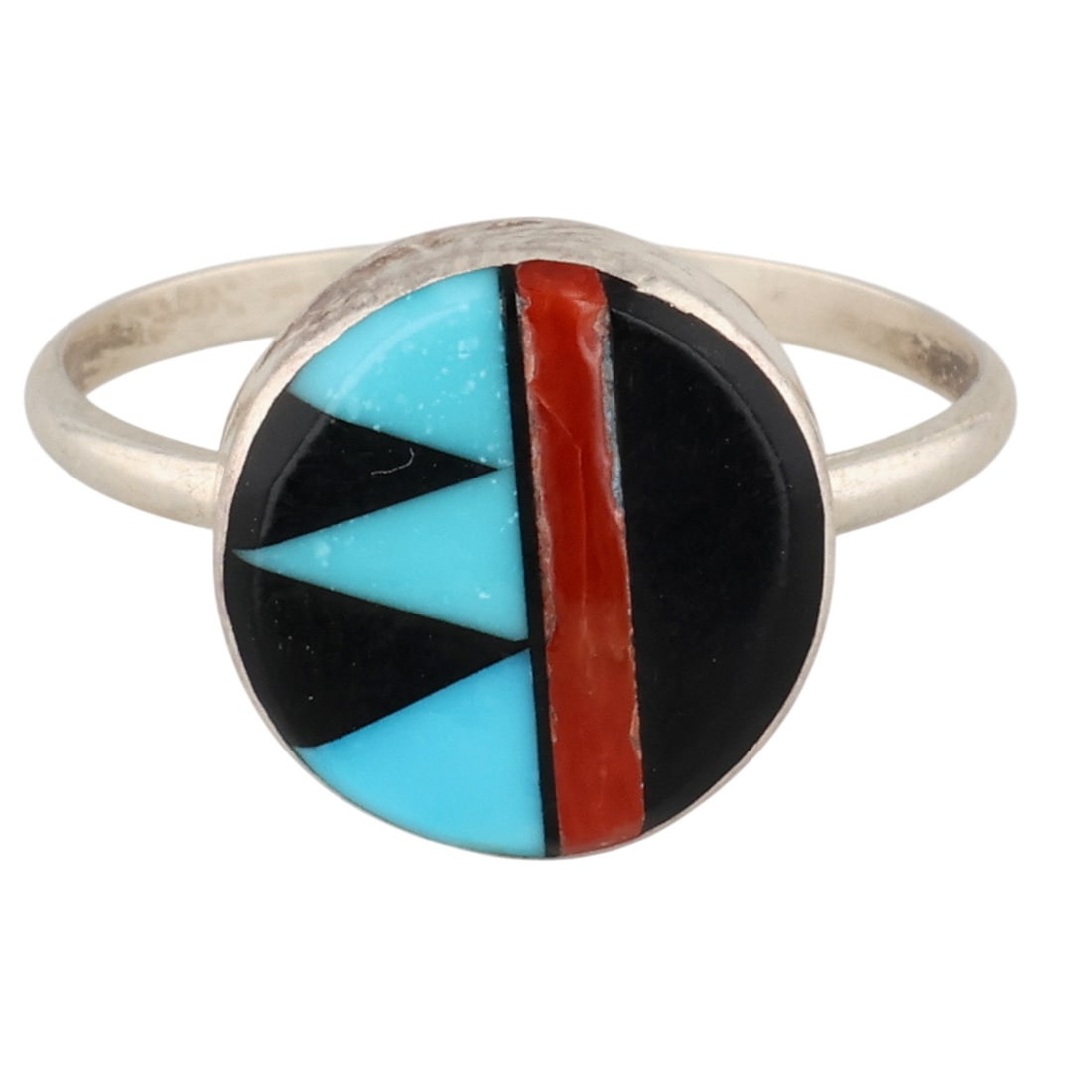 Zuni Sterling Multi-Stone Inlay Ring Sz 7: Zuni Sterling Multi-Stone Inlay Ring Sz 7 / 1g / Turquoise, Coral, Onyx