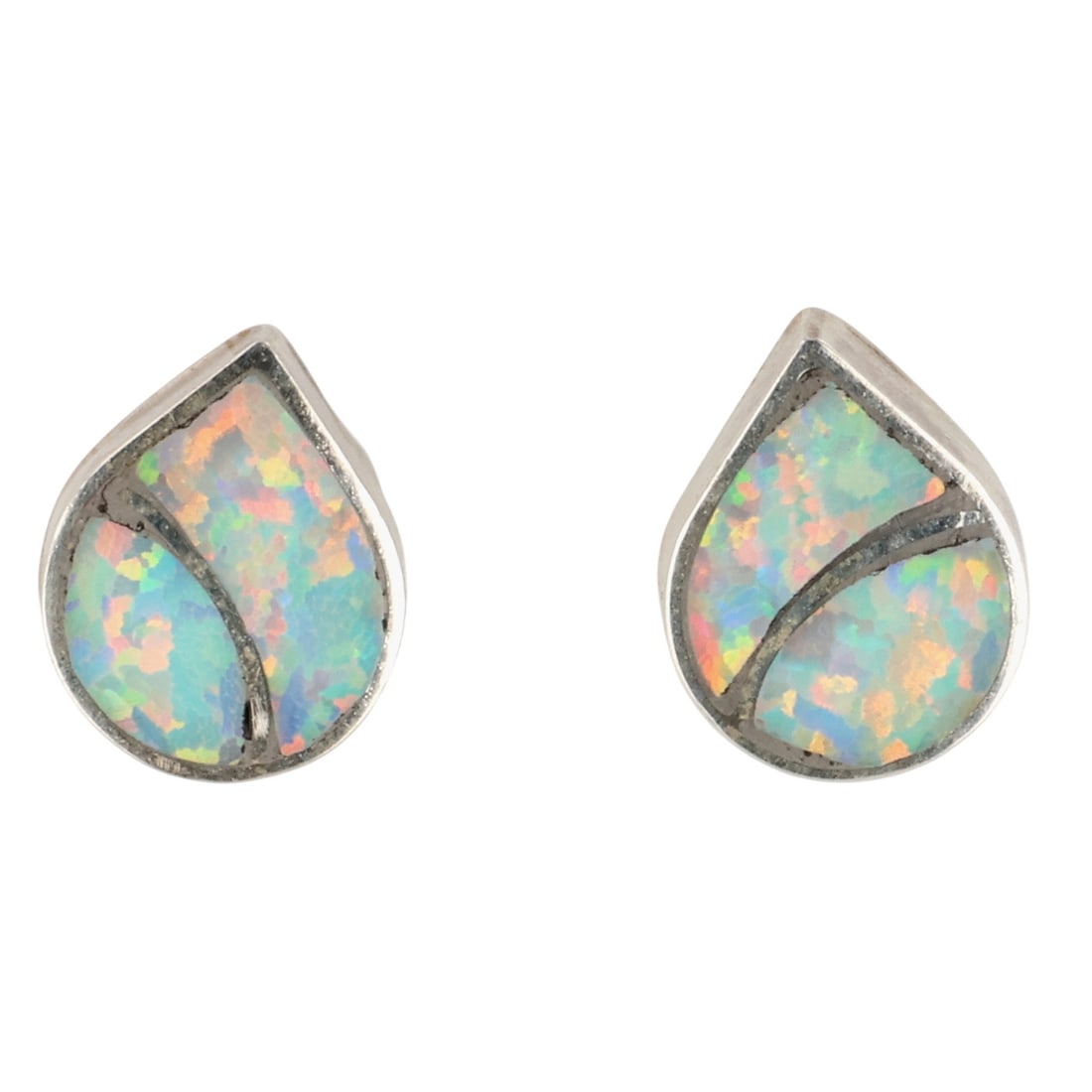 Lynelle Johnson Zuni Sterling Opal Inlay Earrings: Lynelle Johnson Zuni Sterling Opal Inlay Earrings / 1.5g / Signed. Artist attribution based on accompanying tag.