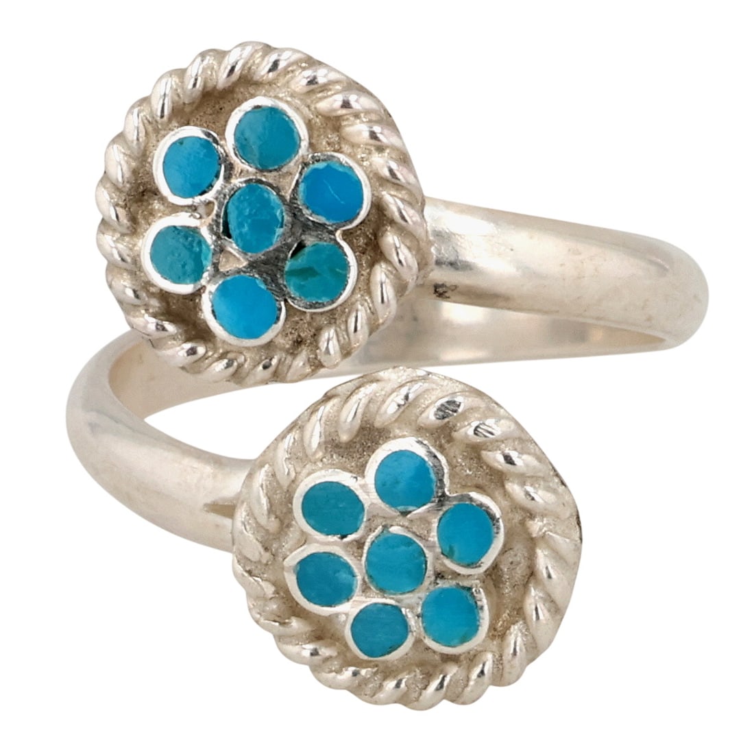 Zuni Sterling Turquoise Inlay Adjustable Ring: Zuni Sterling Turquoise Inlay Adjustable Ring Sz 6 / 4g / Inlay does not sit flush against settings in all spots. See photos.