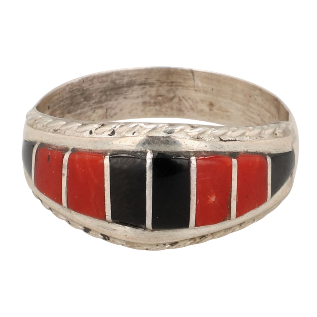 Mary Poncho Zuni Sterling Coral Onyx Inlay Ring Sz 8.5: Mary Poncho Zuni Sterling Coral Onyx Inlay Ring Sz 8.5 / 3.5g / Artist attribution based on accompanying tag.